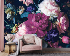 Petal Chorus Cerise Floral Mural Wallpaper - 2.7m x 3m