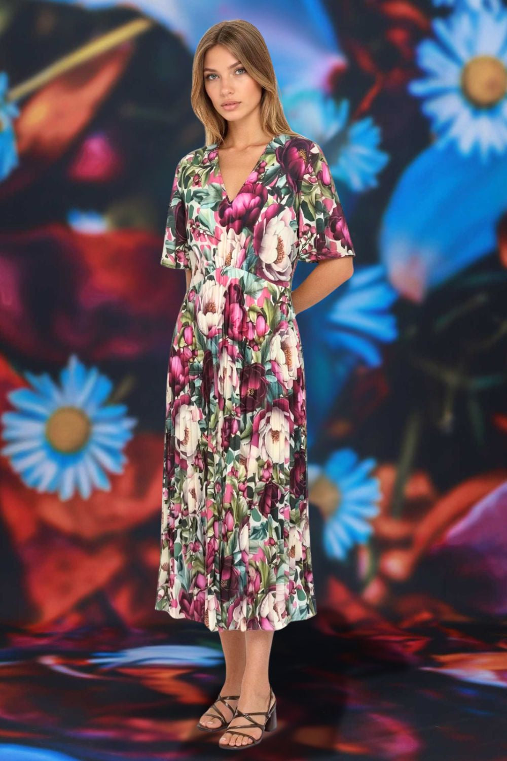 V neck flutter sleeve pleated dress