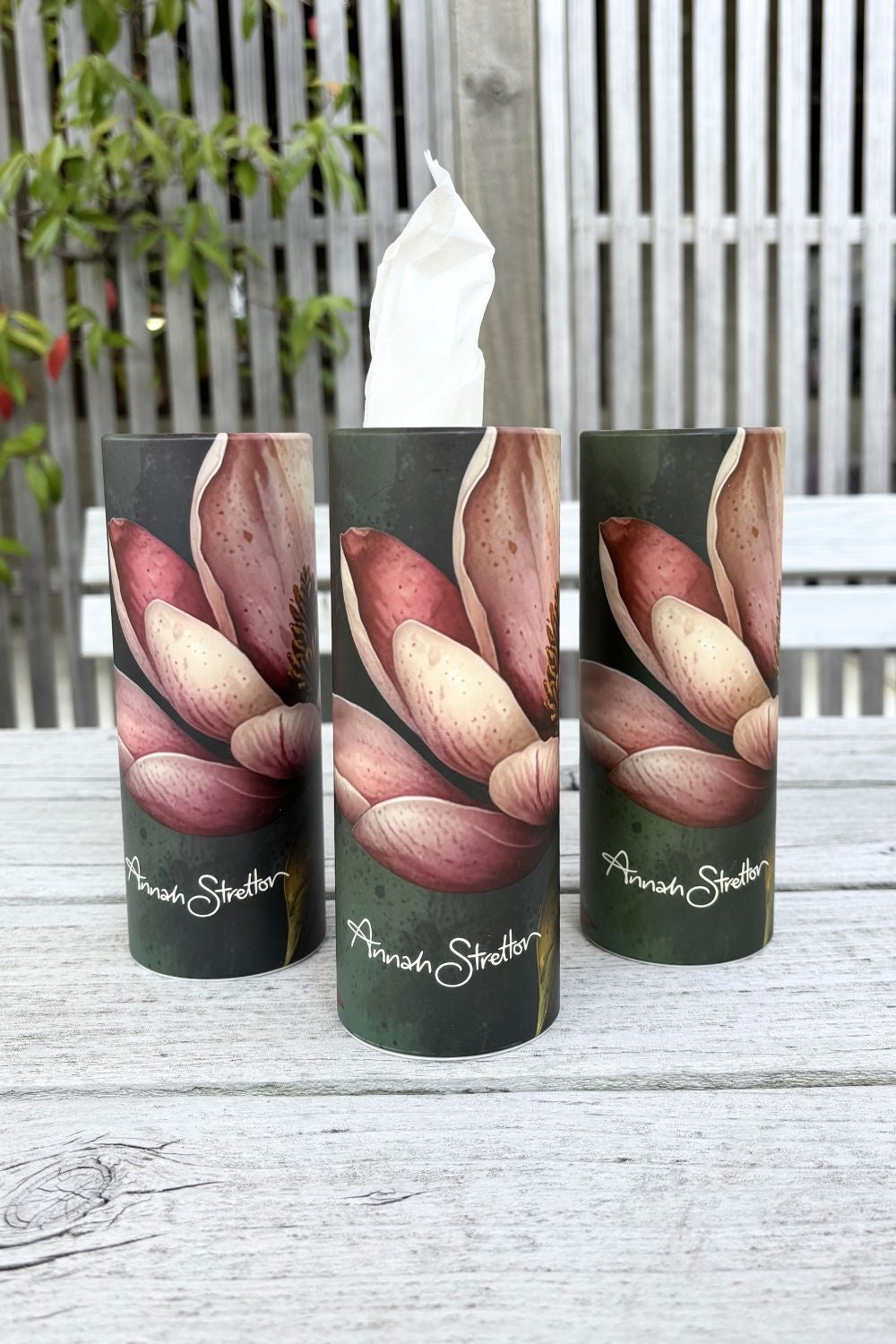 Magnolias Mist printed car tissue holder Annah Stretton