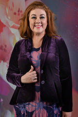 Model wearing the Annah Stretton Ady Grace jacket in purple