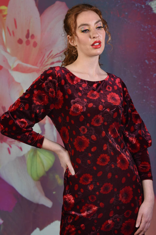 Model wearing Annah Stretton Red Velvet Dress
