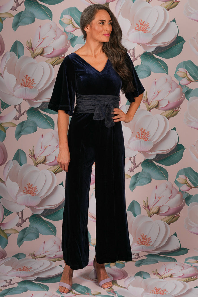 Andie Velvet Jumpsuit – Navy Wide Leg Event Jumpsuit – Annah Stretton