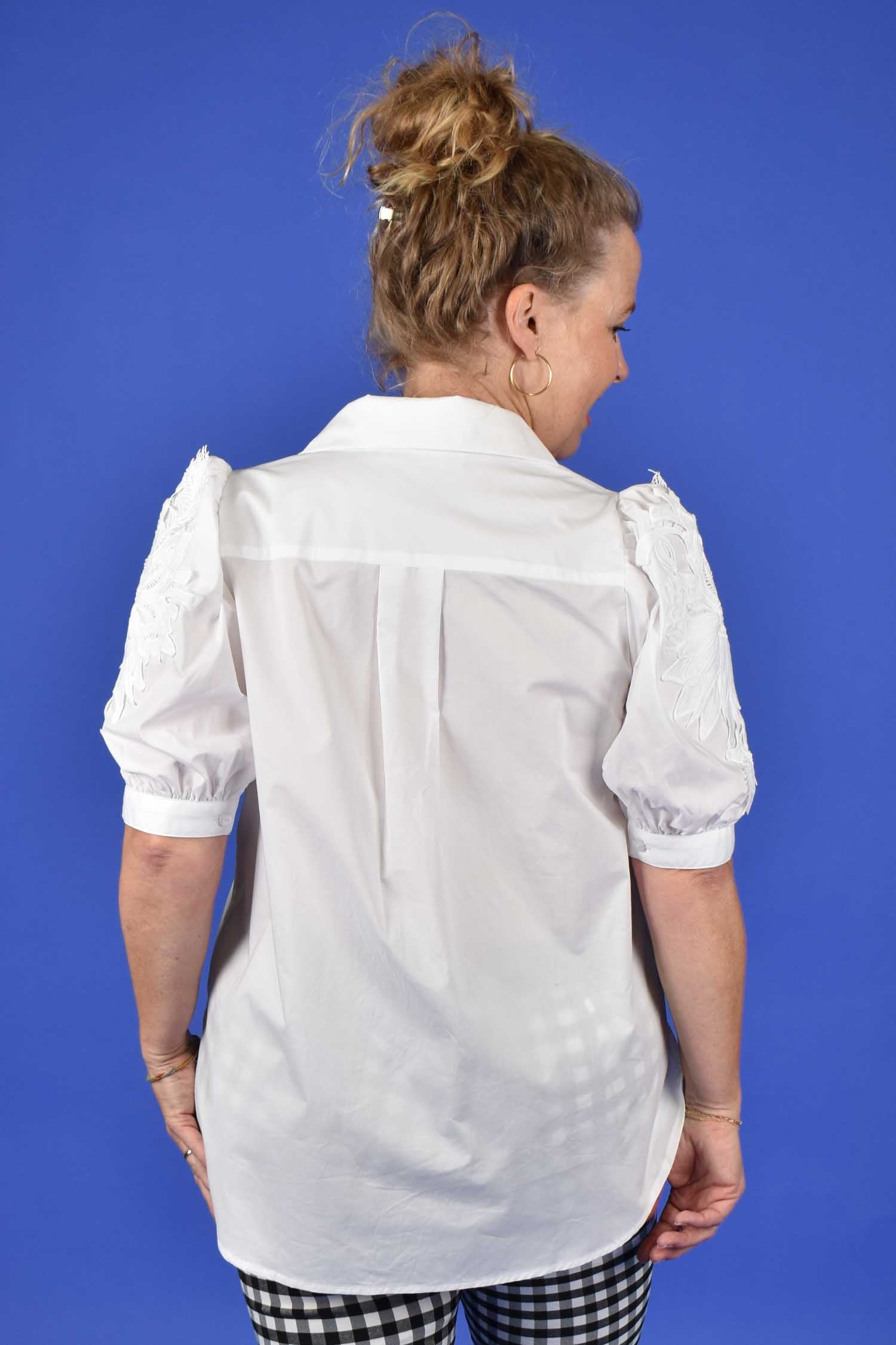 Back view of Angeline Pearl Blouse – button-up cotton women’s top