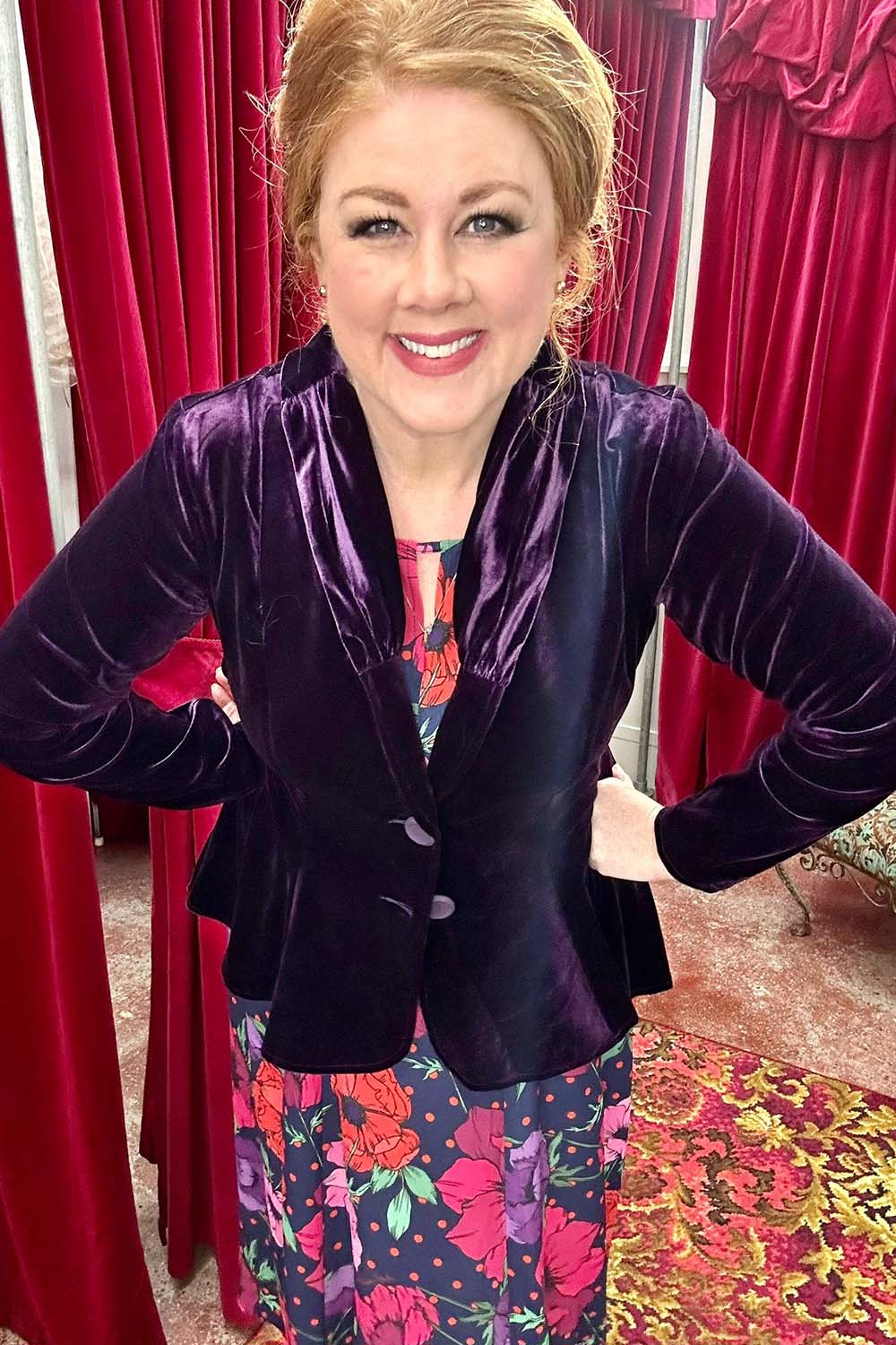 Model wearing the purple Ady Grace Jacket by Annah Stretton