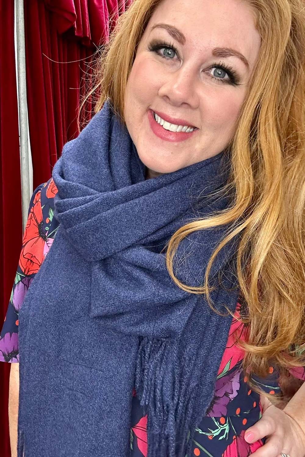Model wearing the Dolly Scarf in light blue