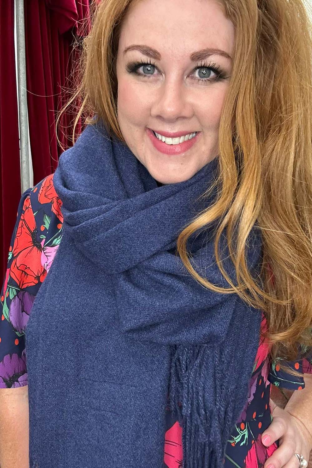 Model wearing the light blue dolly scarf