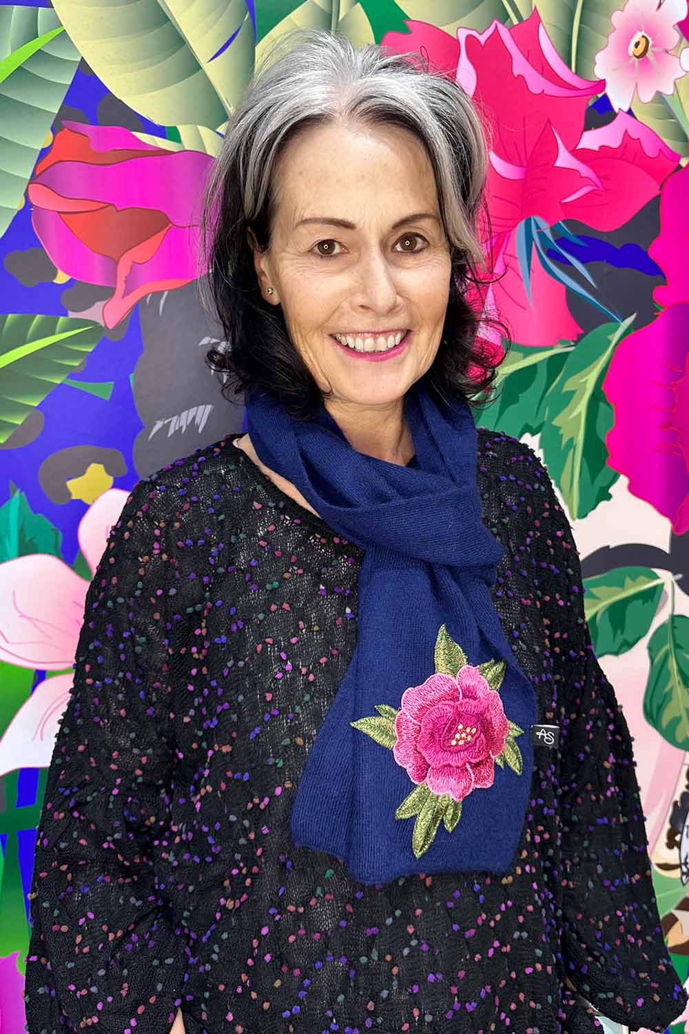 Annah wearing the Annah Stretton Freya Cashmere Scarf in navy
