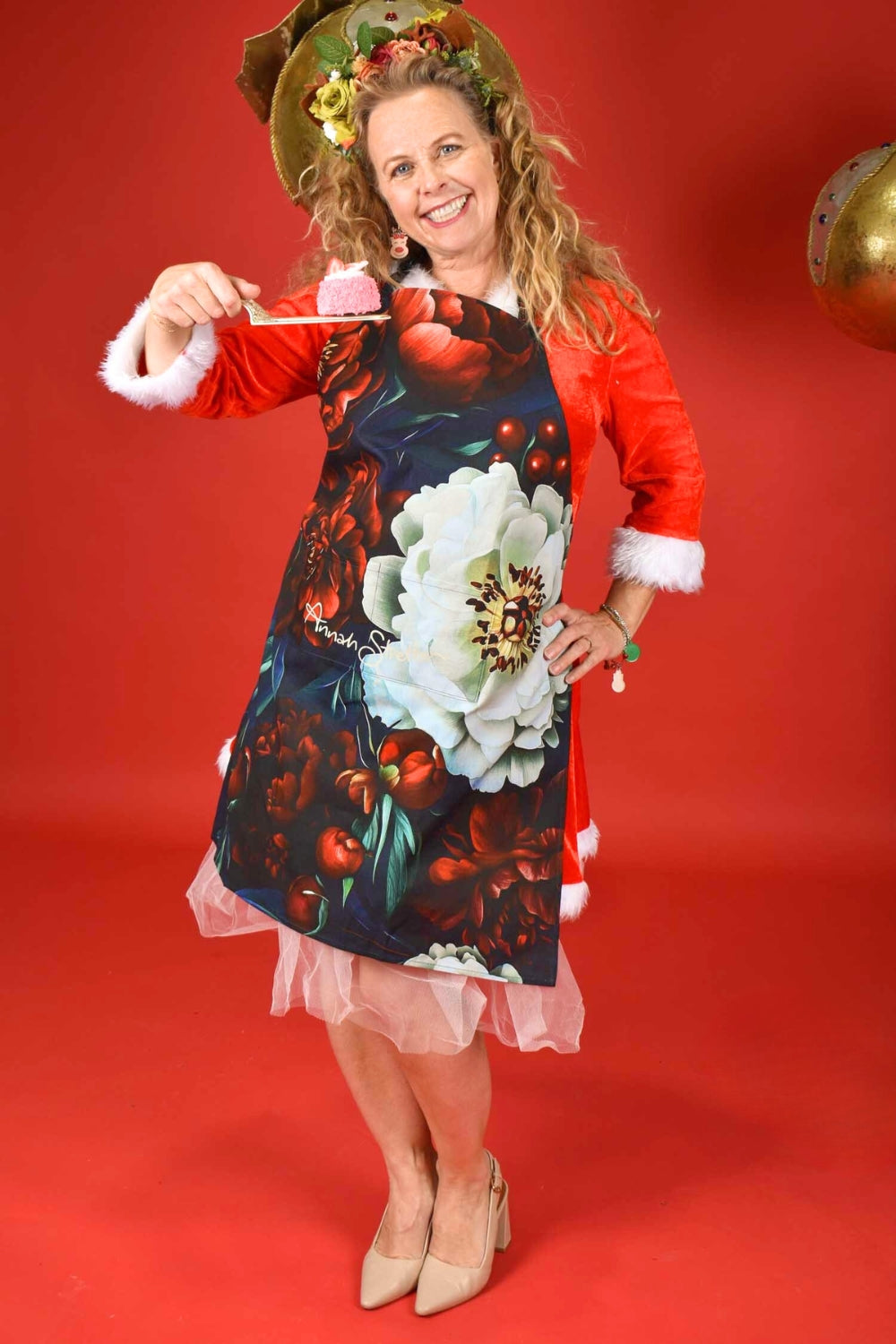 Festive floral apron styled for Christmas cooking – Merry Bloom print