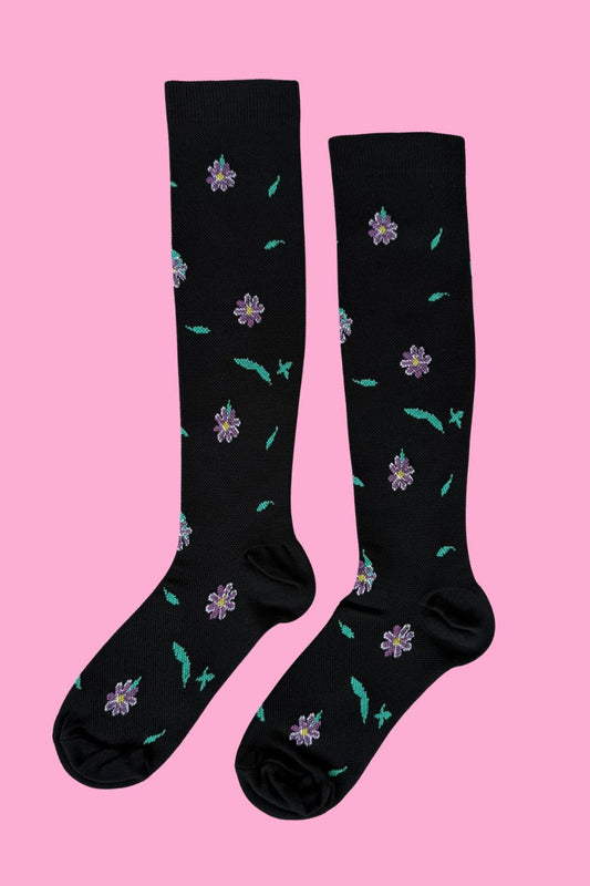 Black Floral Compression Socks by Annah Stretton