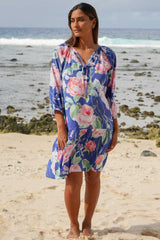 Drop waist summer dress with drawstring neckline – Rambling Rose print