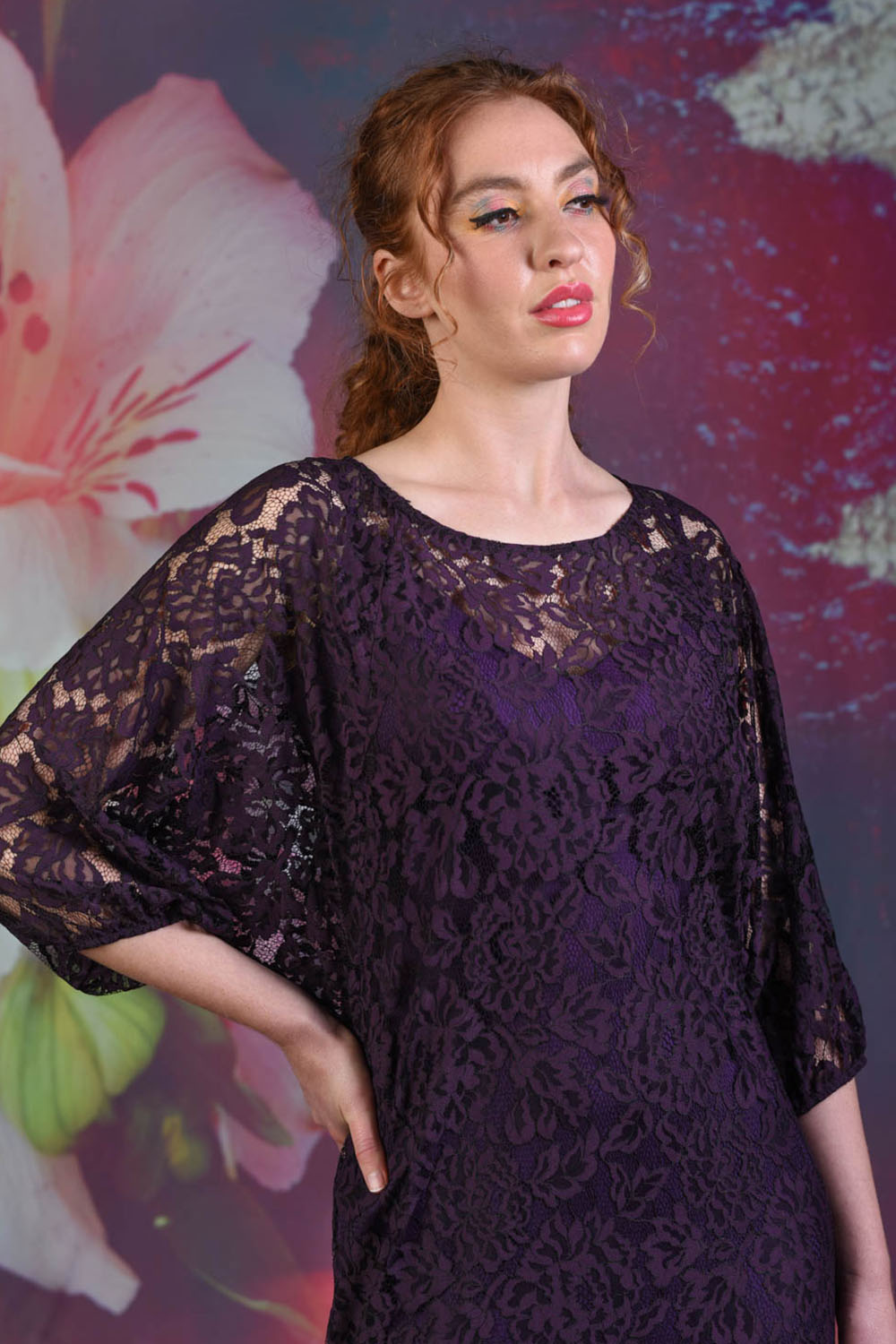 Close-up of model wearing the Annah Stretton Blair Lace dress in purple