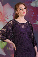 Close-up of model wearing the Annah Stretton Blair Lace dress in purple
