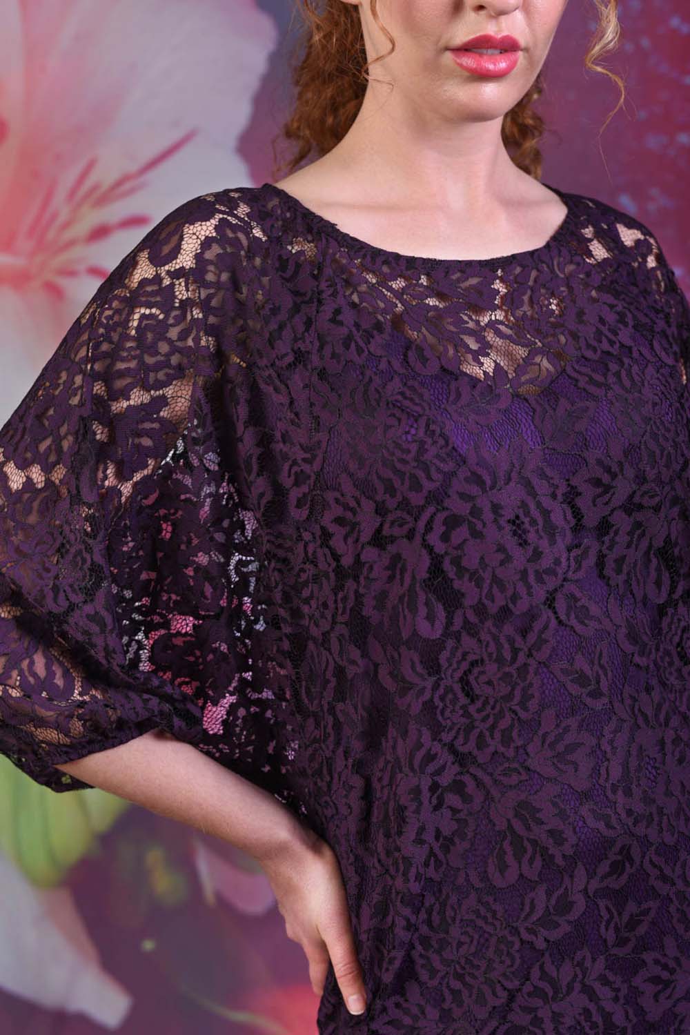 Close-up of the purple lace material of the Blair Lace Dress
