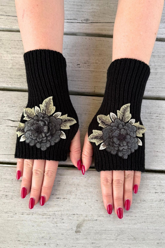 Bloom Fingerless Mittens - Black Rose