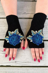 Bloom Fingerless Mittens - Blue Rose