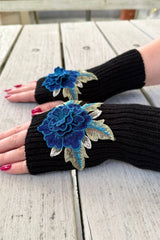 Bloom Fingerless Mittens - Blue Rose