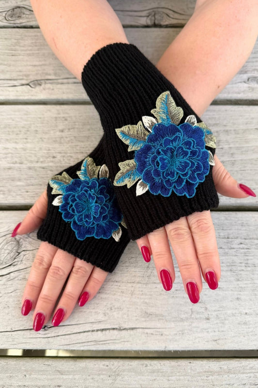 Bloom Fingerless Mittens - Blue Rose