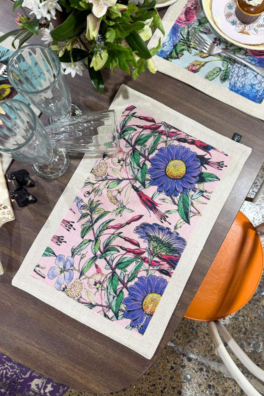 Botanical print placemats flat lay