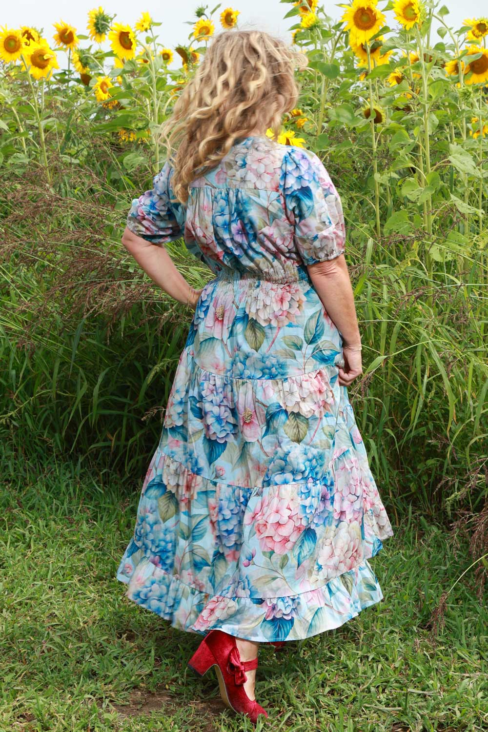 Misted Hydrangea tiered cotton summer dress