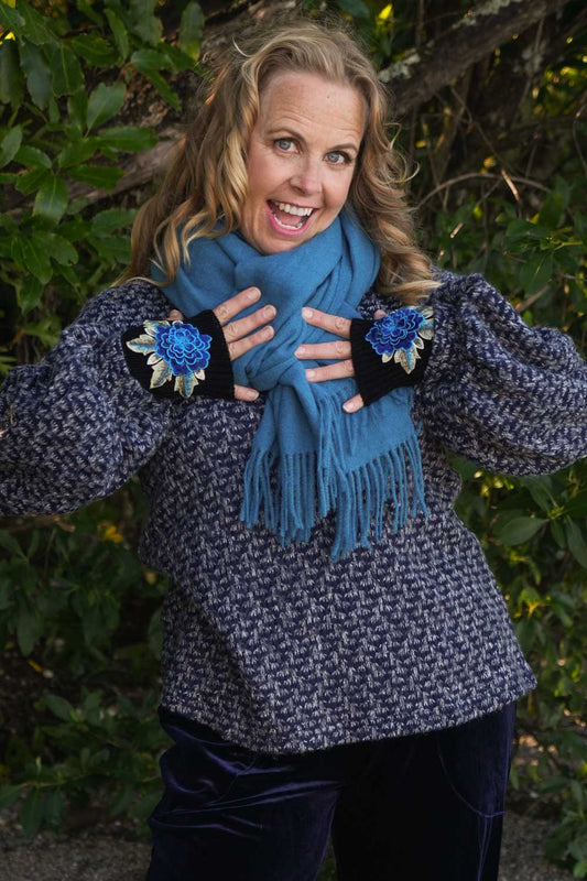Bloom Fingerless Mittens - Blue Rose