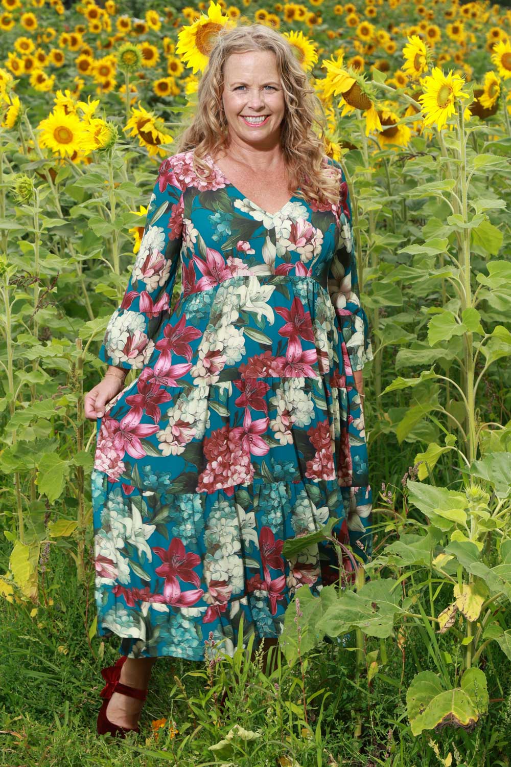 Floral Rhythm tiered midi dress womens