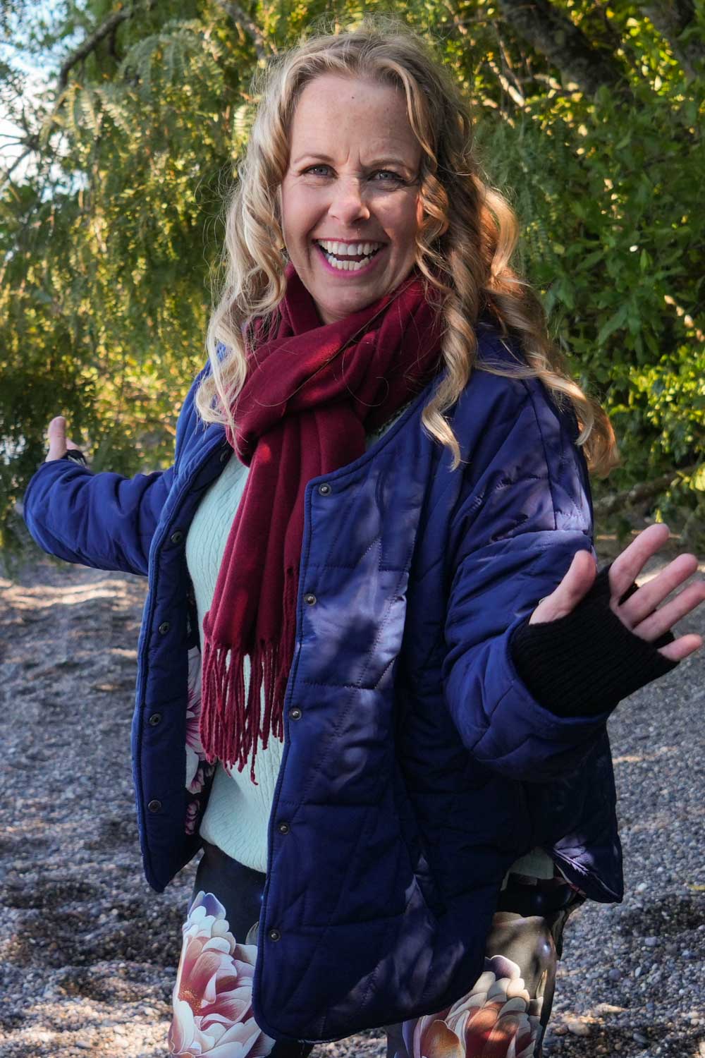 Annah Stretton navy puffer jacket floral lining