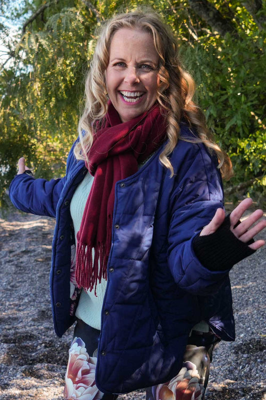 Annah Stretton navy puffer jacket floral lining