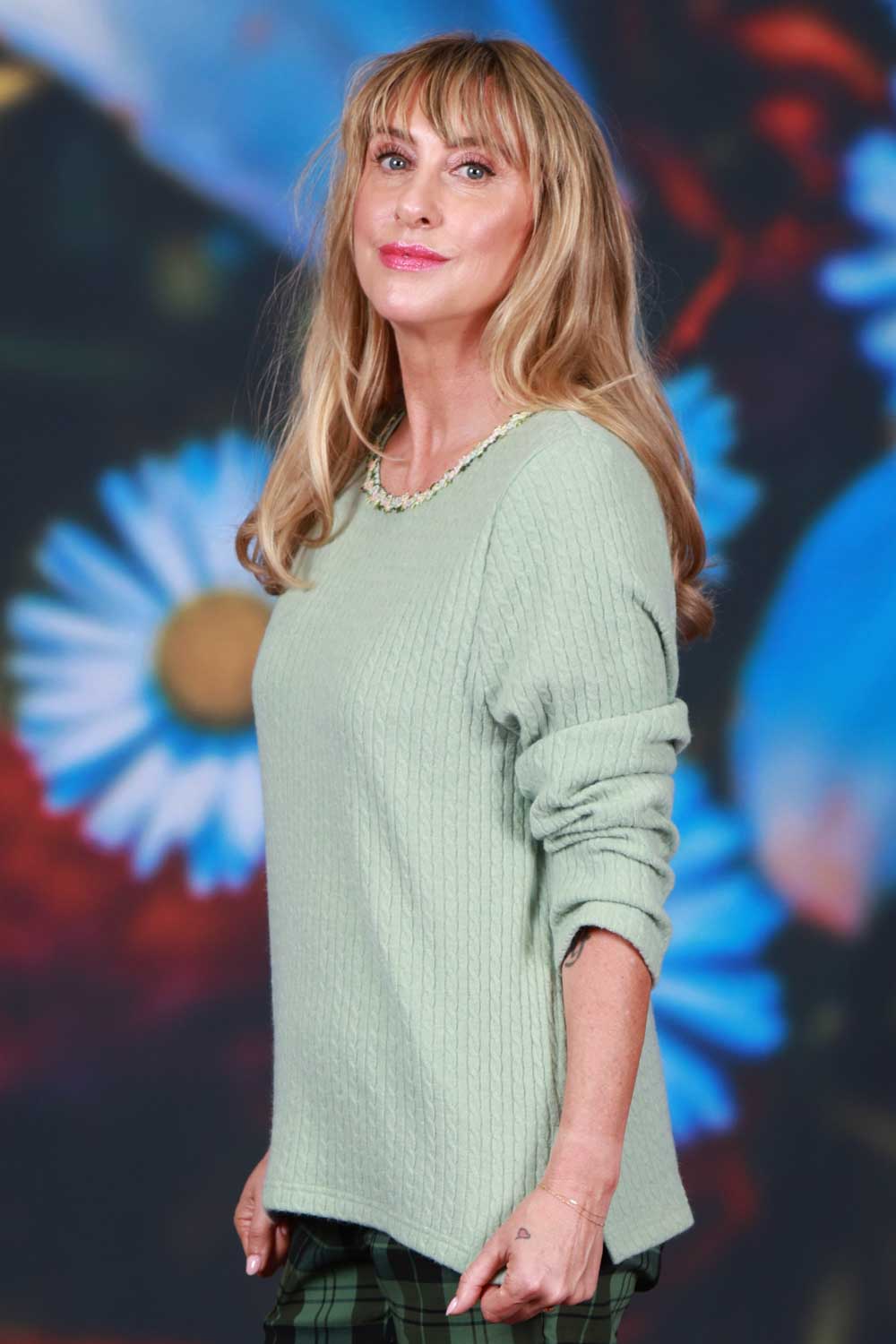 Mint knit sweater with pastel rose trim