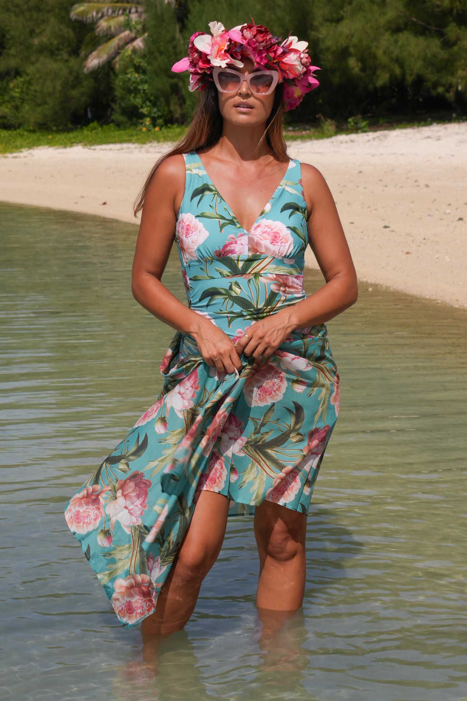 Styled on beach or poolside in Adoring Peony print