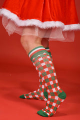 Knee-high compression socks in Merry Plaid print – stylish holiday gift idea