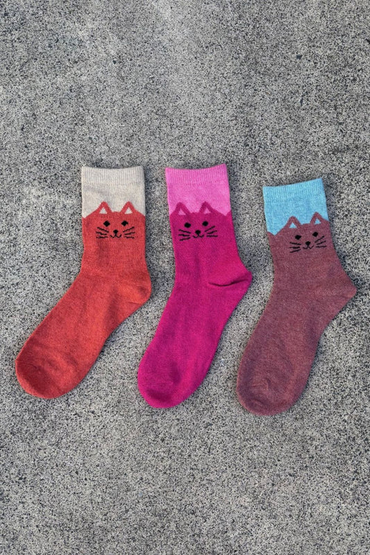 Cosy Blend Cat Socks - Includes Wool - Candy - Multi Pack Of 3