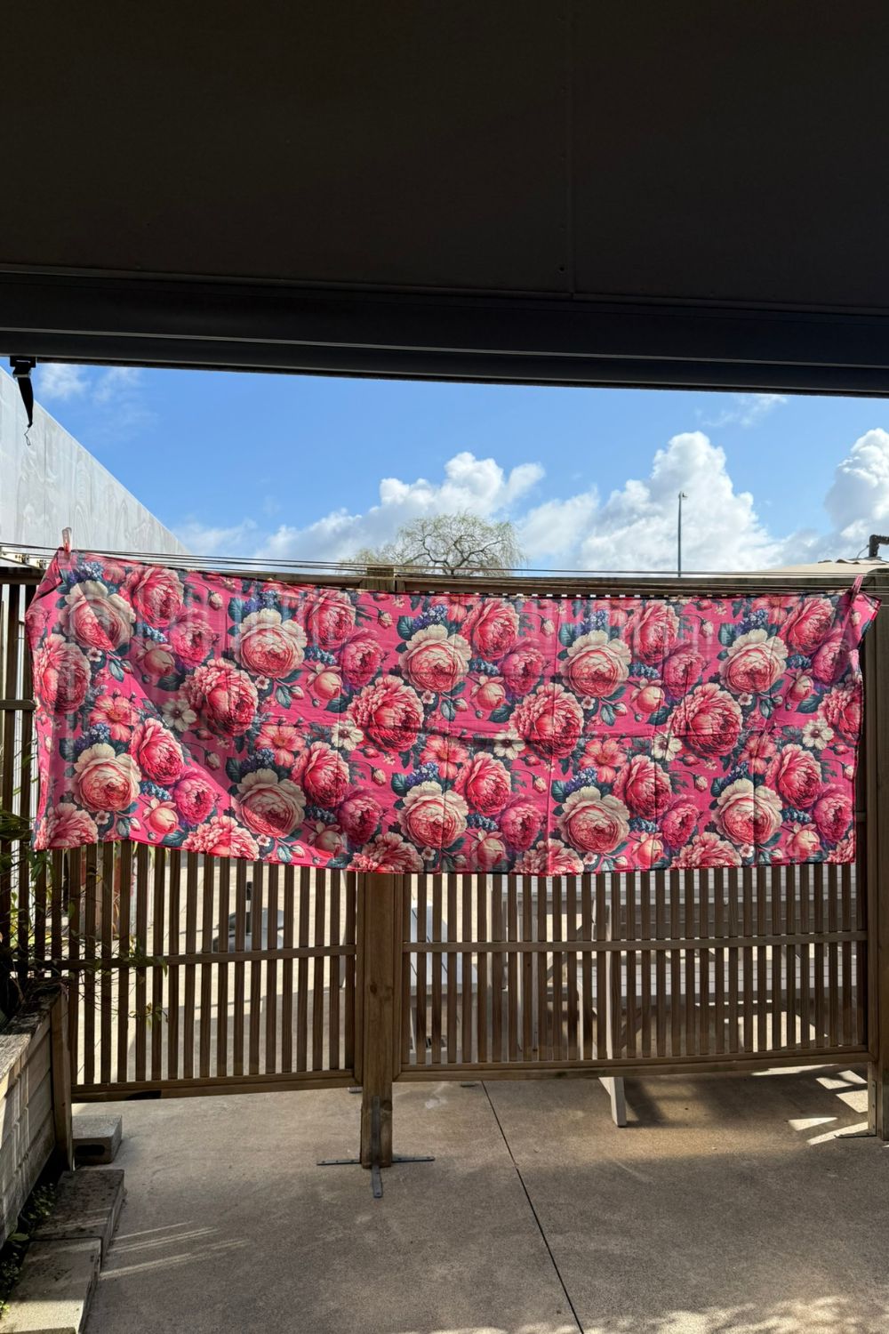 Crimson Bloom floral wrap fabric detail – Annah Stretton accessory