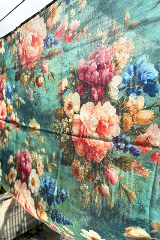 Close-up Enchanted Garden cotton wrap – painterly floral print