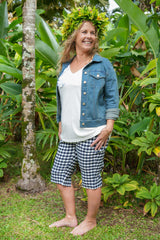 Kaye Capri Navy Check styled with plain tee and denim jacket – women’s shorts