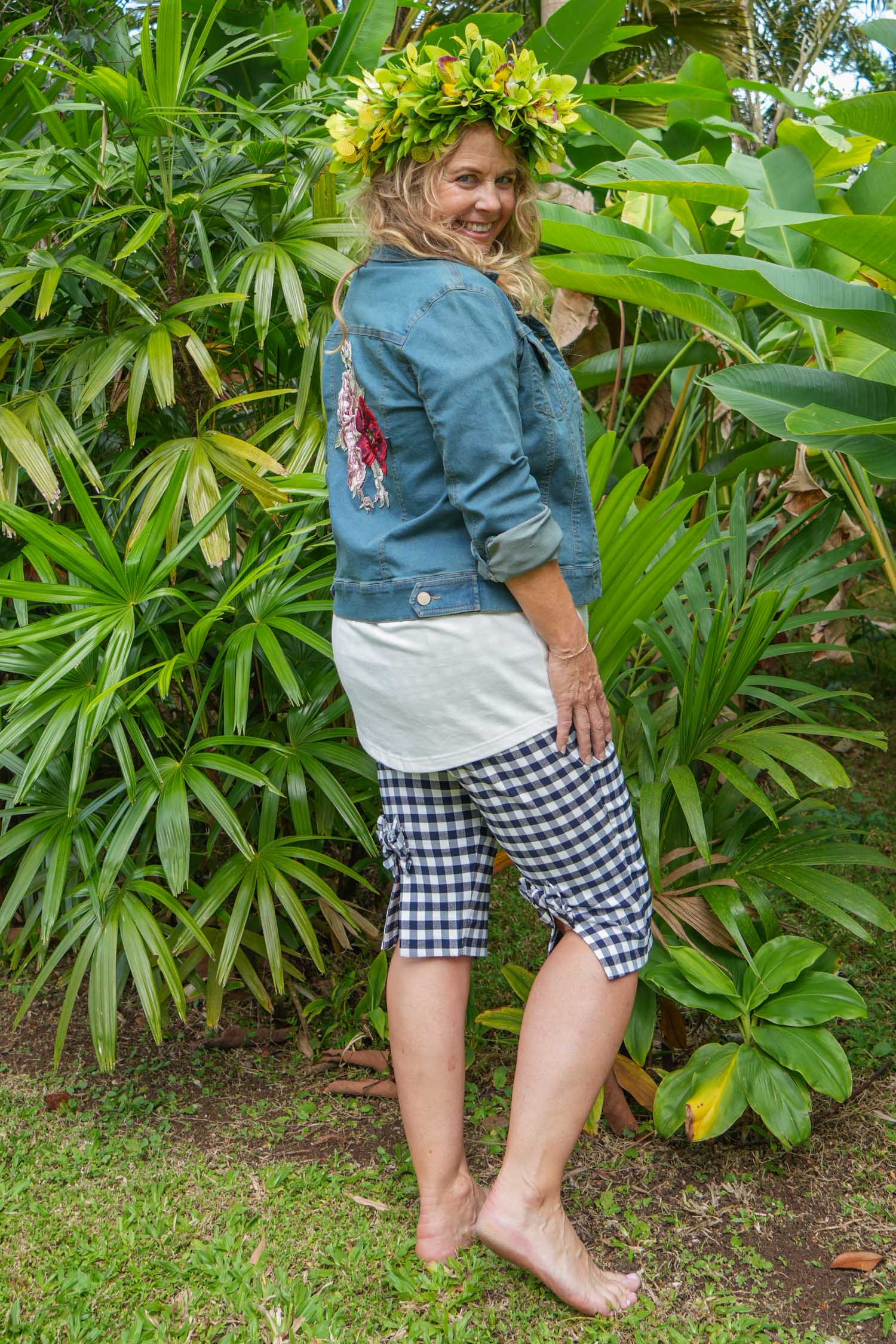 Kaye Capri Navy Check styled with plain tee and denim jacket – women’s shorts