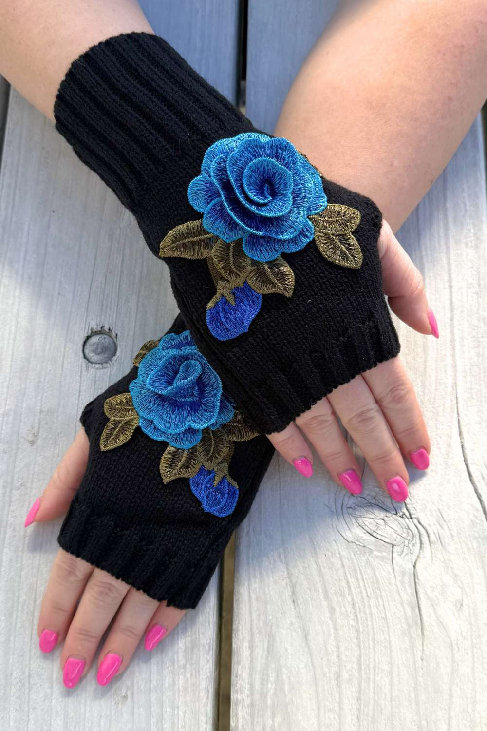 Eden Fingerless Mittens - Blue Rose