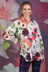Model wearing the Annah Stretton Elsie Olive shirt in poppy