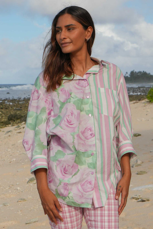 Women’s floral and stripe cotton blouse NZ