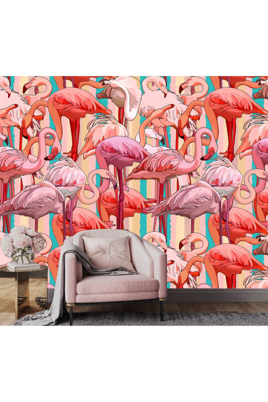 Stripey Flamingo Mural Wallpaper - 2.7m x 3m