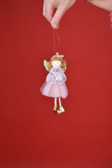 Pink Christmas angel doll with heart detail and glittering wings