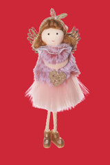 Stuffed doll with a pink dress and decorative accessories on a red background