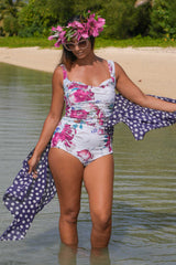 White floral swimsuit with sweetheart neckline and ruching
