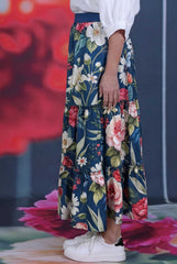 Women's Petal Parade cotton maxi skirt with painted floral print, side pockets and flowing three tier design