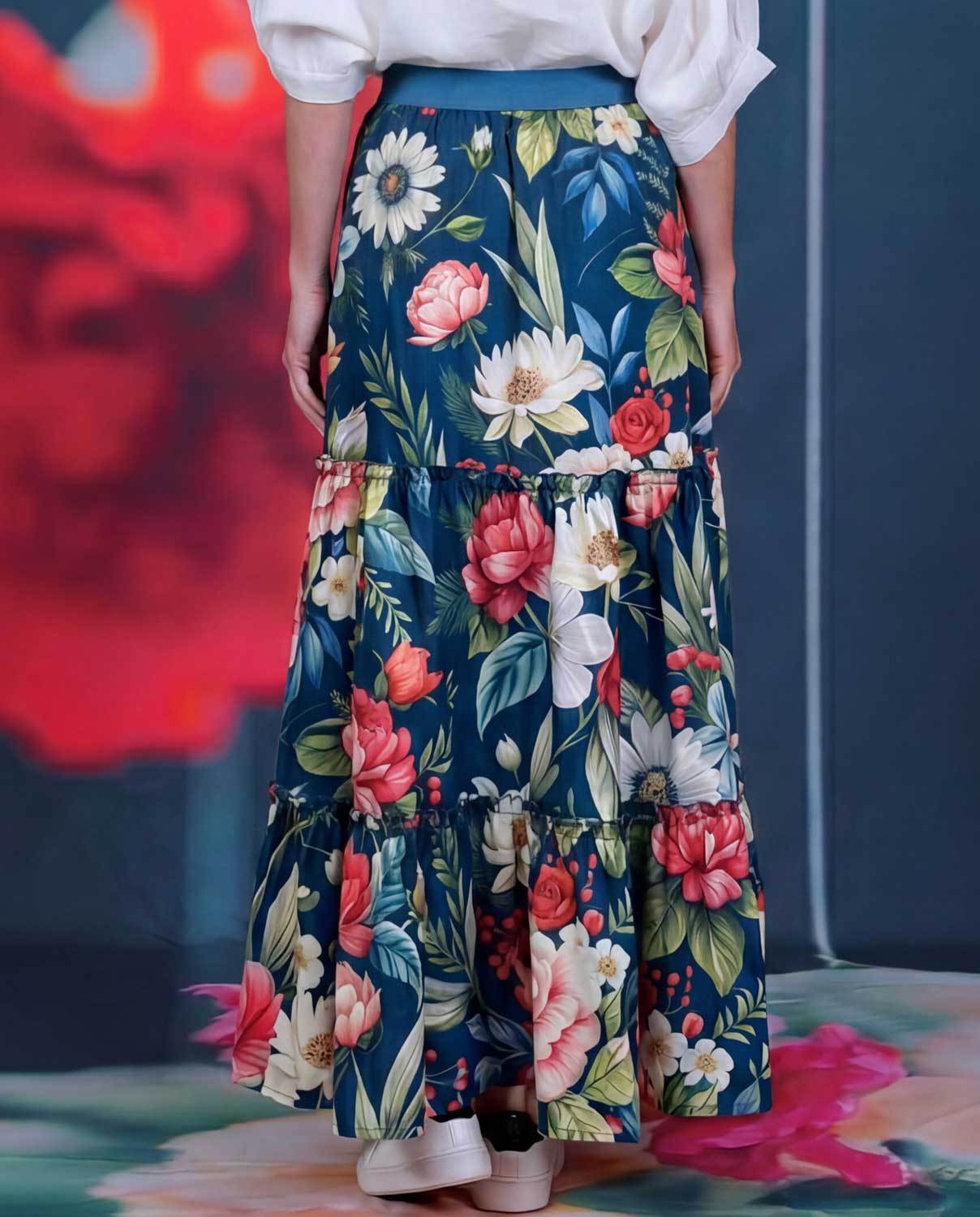 Petal Parade floral maxi skirt by Annah Stretton in breathable 100% cotton with comfortable elastic waist and side pockets
