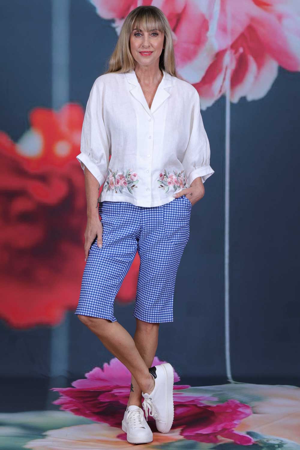 Kaye Capri Blue Check Annah Stretton – styled with polo top, full length model shot