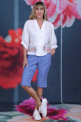 Kaye Capri Blue Check Annah Stretton – styled with polo top, full length model shot
