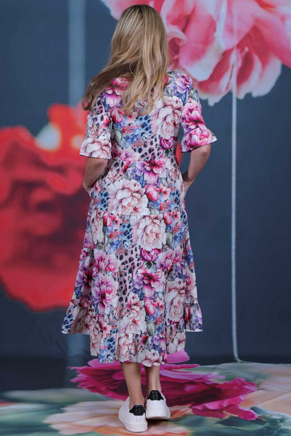 Corsica Molly Dress Caged Grace by Annah Stretton – back view showing flowing tiered skirt and midi length in Caged Grace print