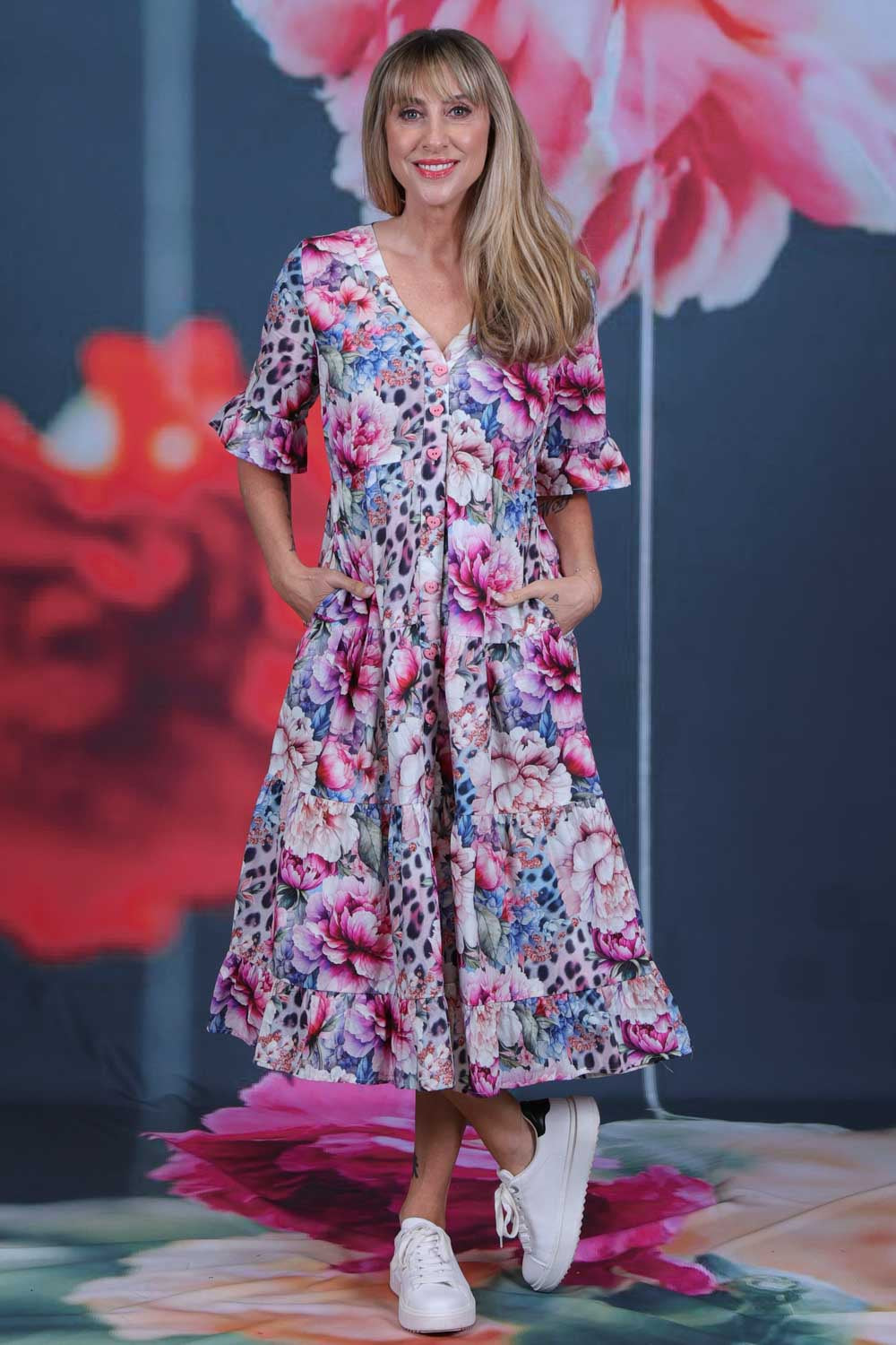 Corsica Molly Dress Caged Grace by Annah Stretton – front view showing button-through shirt dress design in 100% cotto