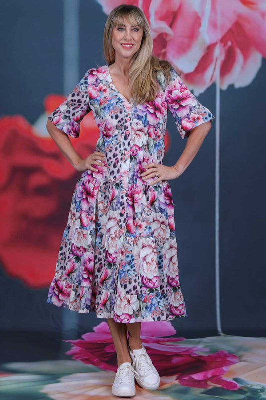 Corsica Molly Dress Caged Grace by Annah Stretton – styled view showing 105cm midi length and Caged Grace floral print for summer wear