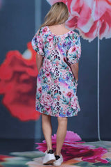 Delwyn Dress Feline Grace by Annah Stretton – back view showing relaxed A-line silhouette and knee length in Feline Grace print